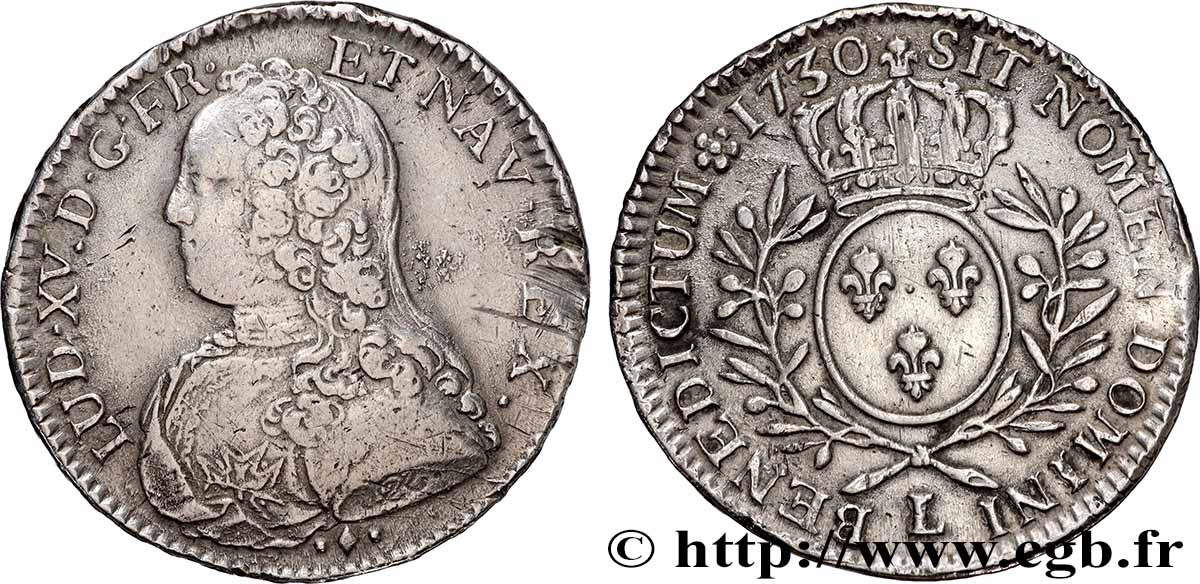 LOUIS XV THE BELOVED Demi-écu aux branches d olivier, buste habillé 1730 Bayonne VF/XF