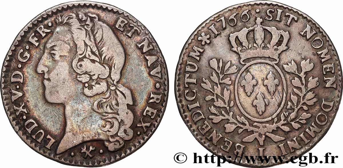 LOUIS XV THE BELOVED Cinquième d’écu aux branches d’olivier, tête ceinte d’un bandeau 1766 Bayonne VF