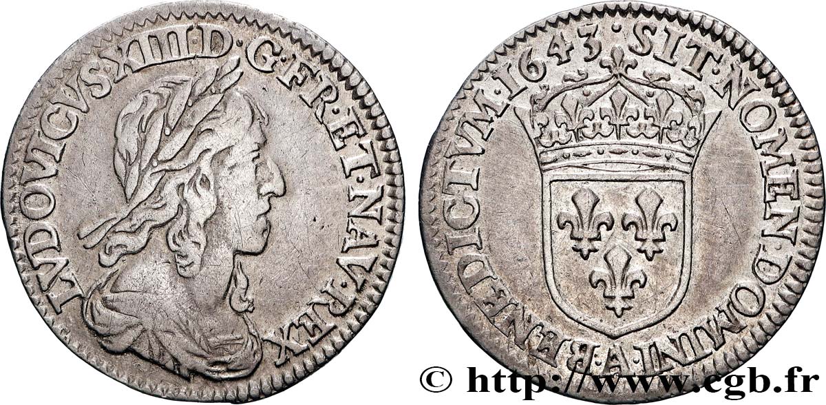 LOUIS XIII LE JUSTE Douzième d écu, buste drapé et cuirassé (2e buste de Jean Warin) 1643 Paris, Monnaie du Louvre TB+/TTB