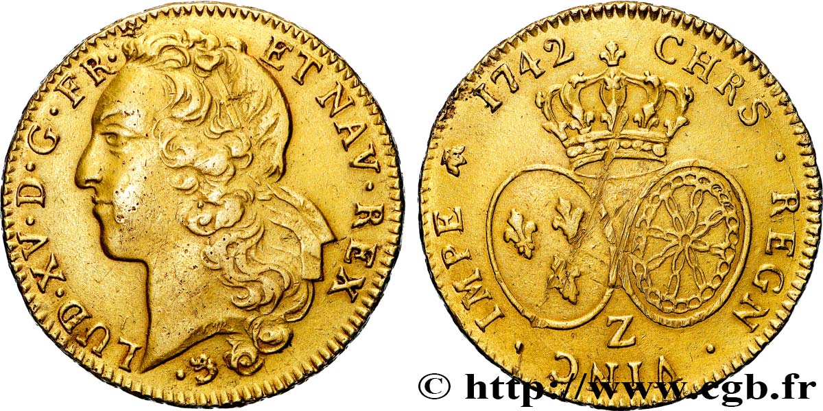 LOUIS XV THE BELOVED Double louis d’or aux écus ovales, tête ceinte d’un bandeau 1742 Grenoble AU/XF
