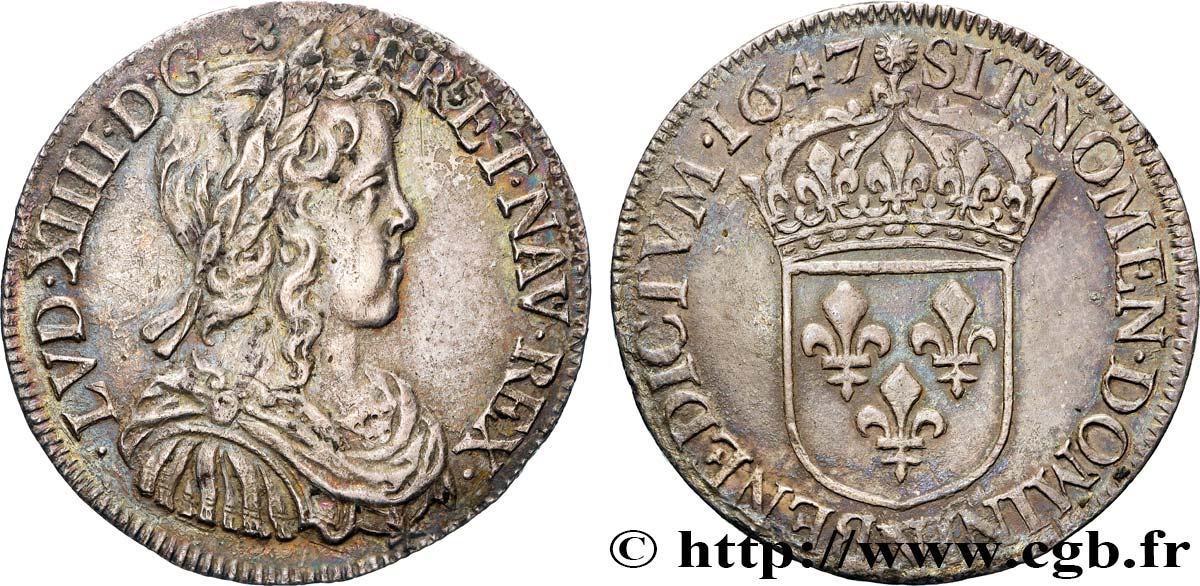 LOUIS XIV LE GRAND OU LE ROI SOLEIL Demi-écu, portrait à la mèche longue 1647 Montpellier TTB+/SUP