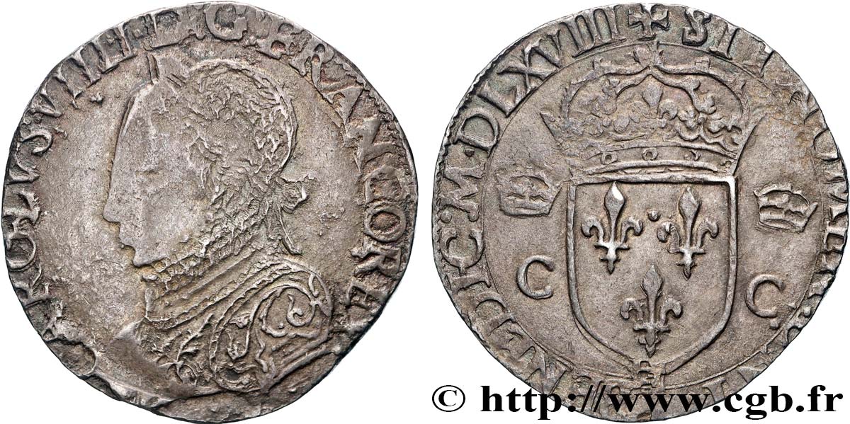 CHARLES IX Teston, 2e type 1568 La Rochelle XF/AU