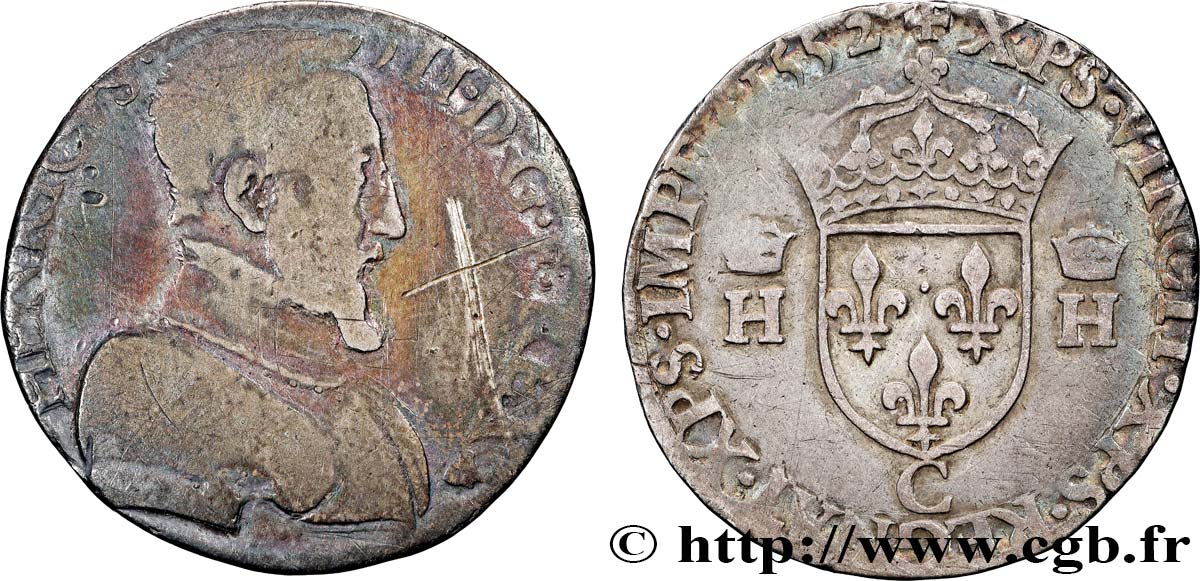 HENRI II Teston à la tête nue, 1er type 1552 Saint-Lô TB/TTB