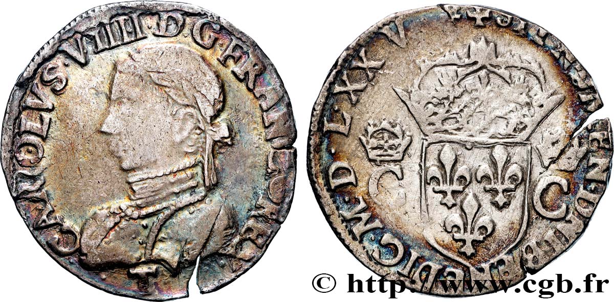 HENRI III. MONNAYAGE AU NOM DE CHARLES IX Teston, 2e type 1575 (MDLXXV) Nantes TB+