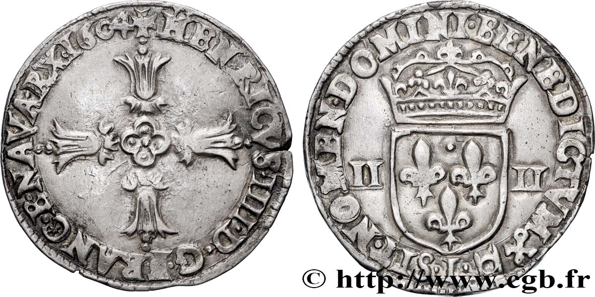 HENRI IV LE GRAND Quart d écu, croix feuillue de face 1604 Bayonne TTB+
