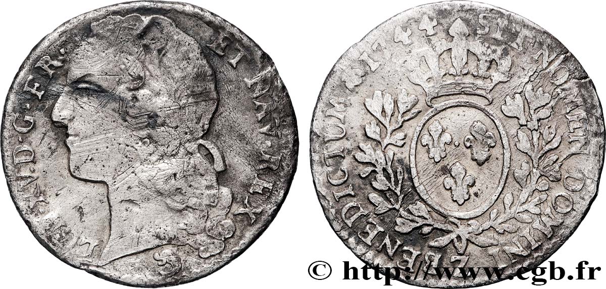 LOUIS XV DIT LE BIEN AIMÉ Dixième d écu aux branches d’olivier, tête ceinte d’un bandeau 1744 Grenoble TB