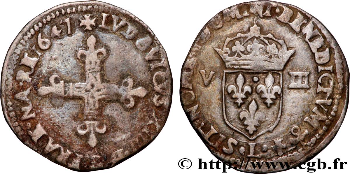LOUIS XIV LE GRAND OU LE ROI SOLEIL Huitième d écu, titulature côté croix 1647 Bayonne TB/TTB