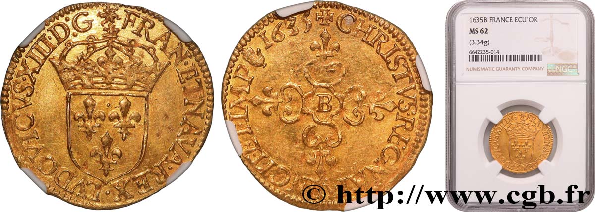 LOUIS XIII LE JUSTE Écu d or au soleil, à la croix anillée fleurdelisée 1635 Rouen SUP62
