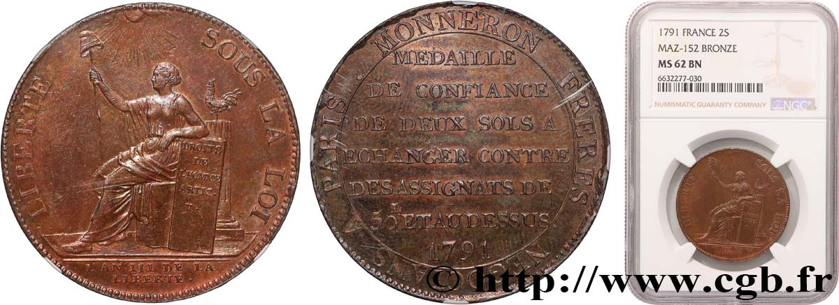 REVOLUTION COINAGE Monneron de 2 sols à la Liberté 1791 Birmingham, Soho SPL62