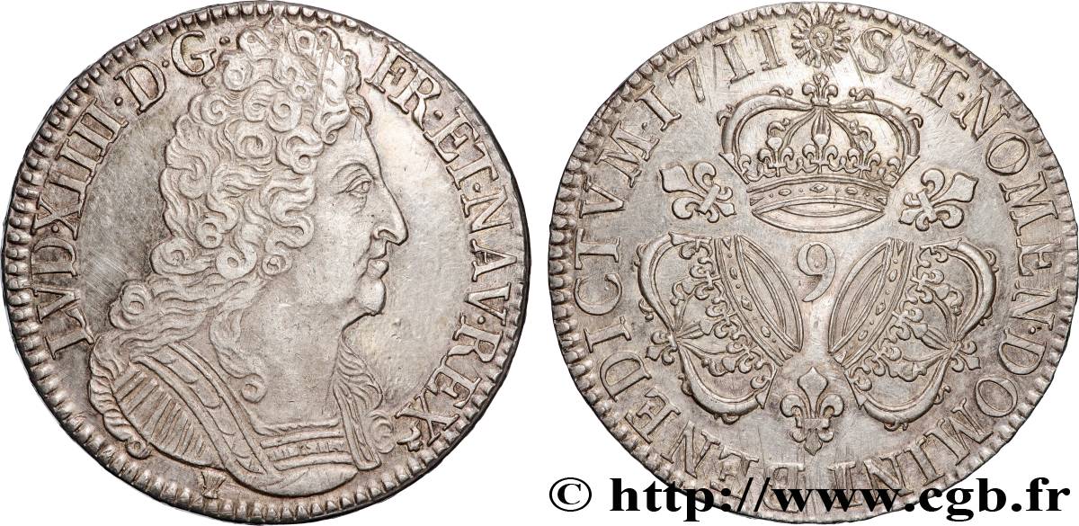 LOUIS XIV LE GRAND OU LE ROI SOLEIL Écu aux trois couronnes 1711 Rennes SUP