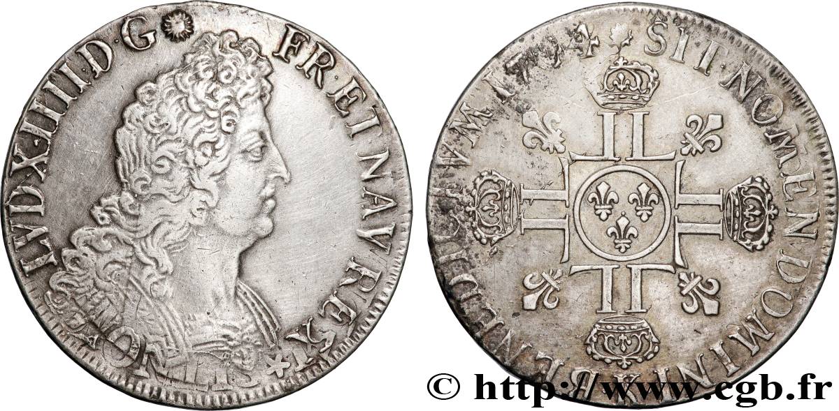 LOUIS XIV  THE SUN KING  Écu aux huit L, 2e type 1704 Bordeaux XF/AU