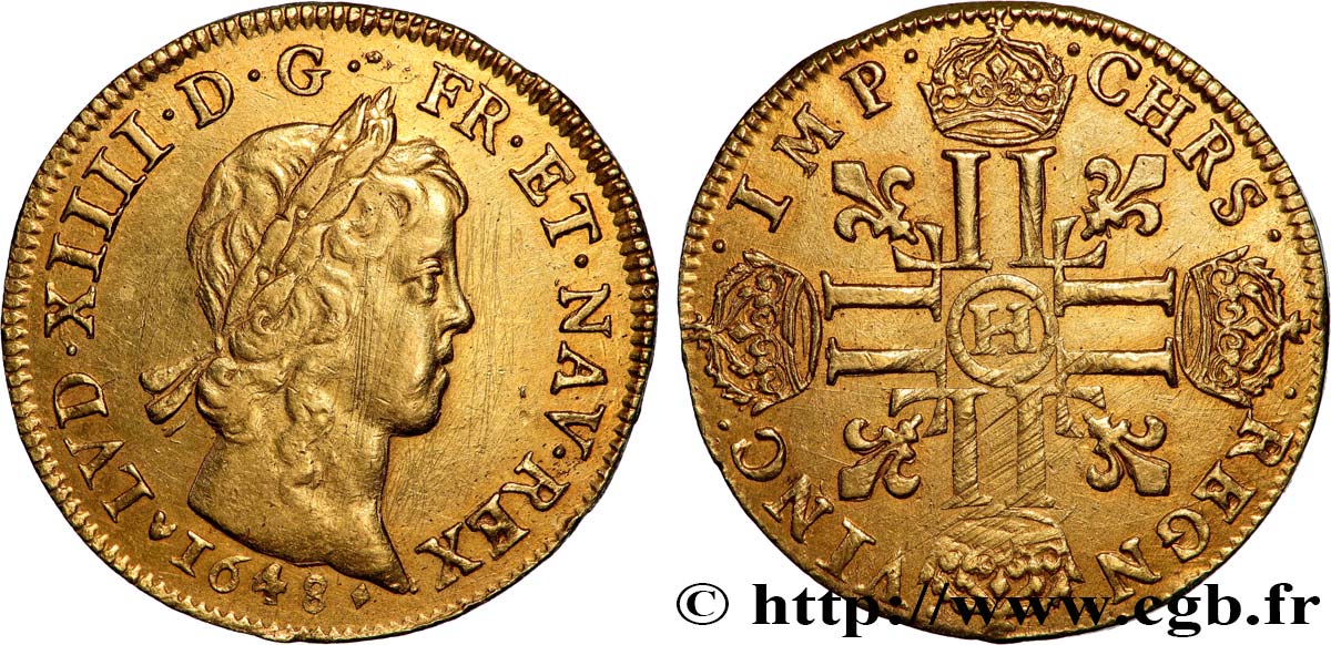 LOUIS XIV LE GRAND OU LE ROI SOLEIL Double louis d or aux huit L, portait à la mèche longue 1648 La Rochelle TTB