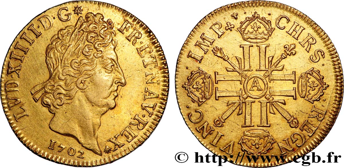 LOUIS XIV  THE SUN KING  Double louis d or aux huit L et aux insignes 1702 Paris SPL