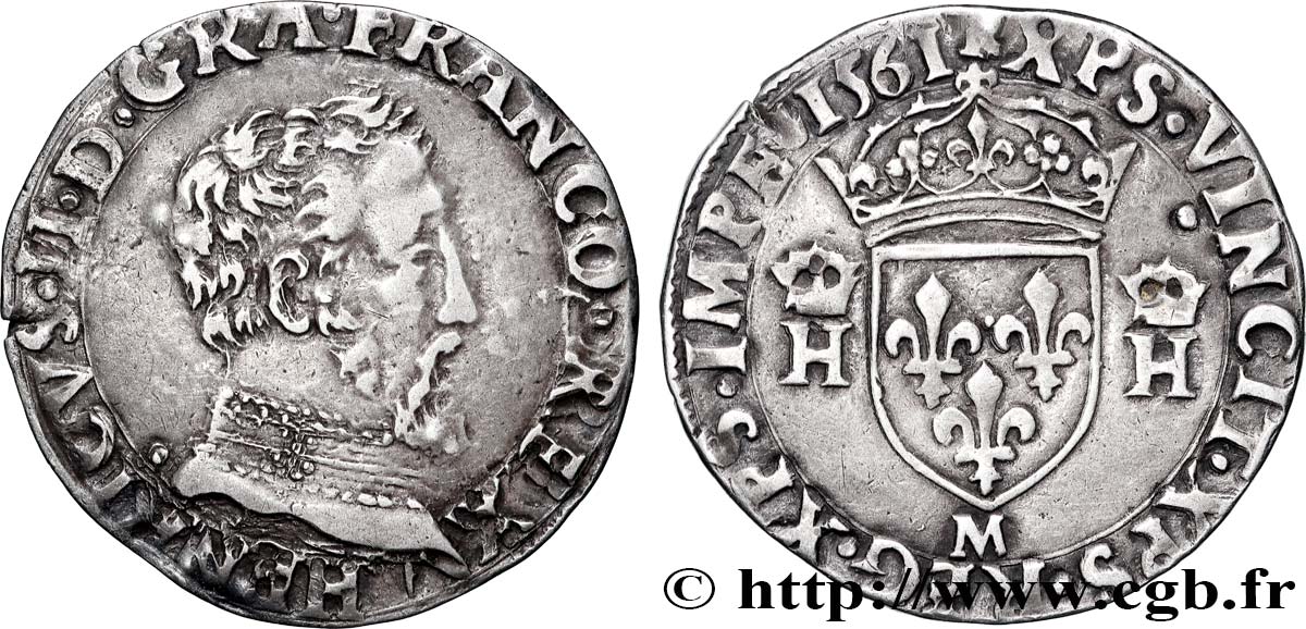 CHARLES IX. MONNAYAGE AU NOM DE HENRI II Demi-teston à la tête nue, 5e type 1561 Toulouse TTB+