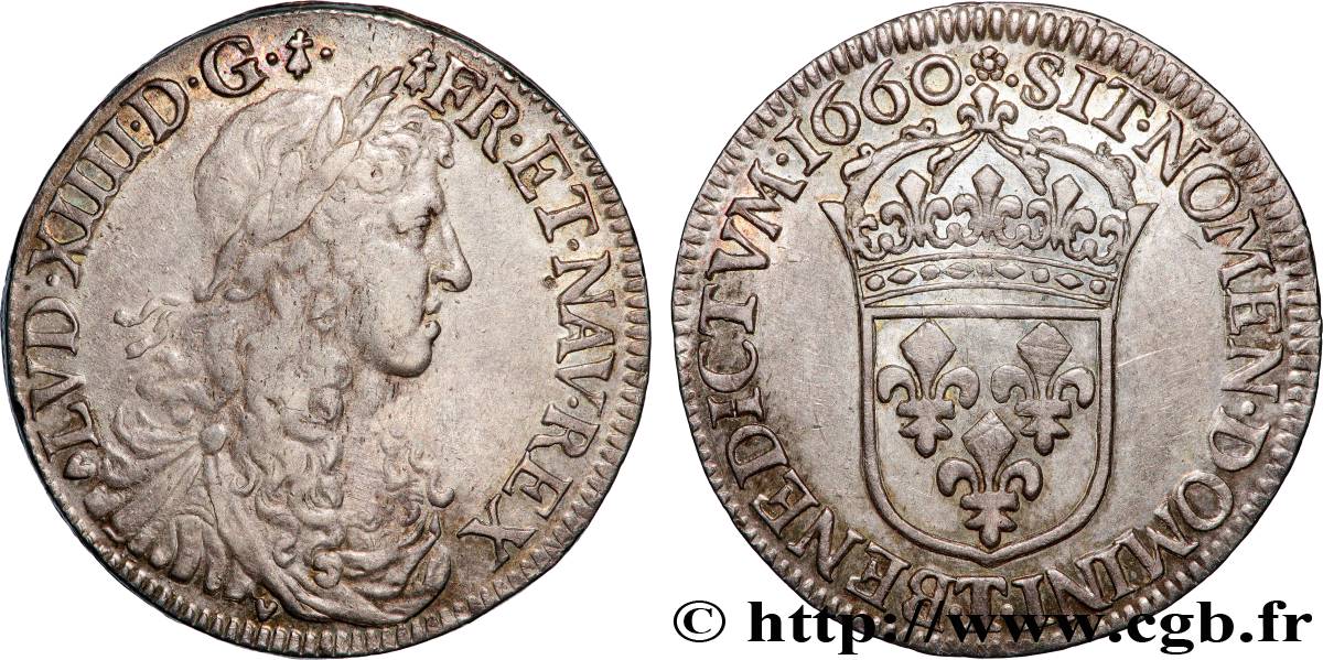 LOUIS XIV  THE SUN KING  Demi-écu, portrait apollinien 1660 Nantes XF/AU
