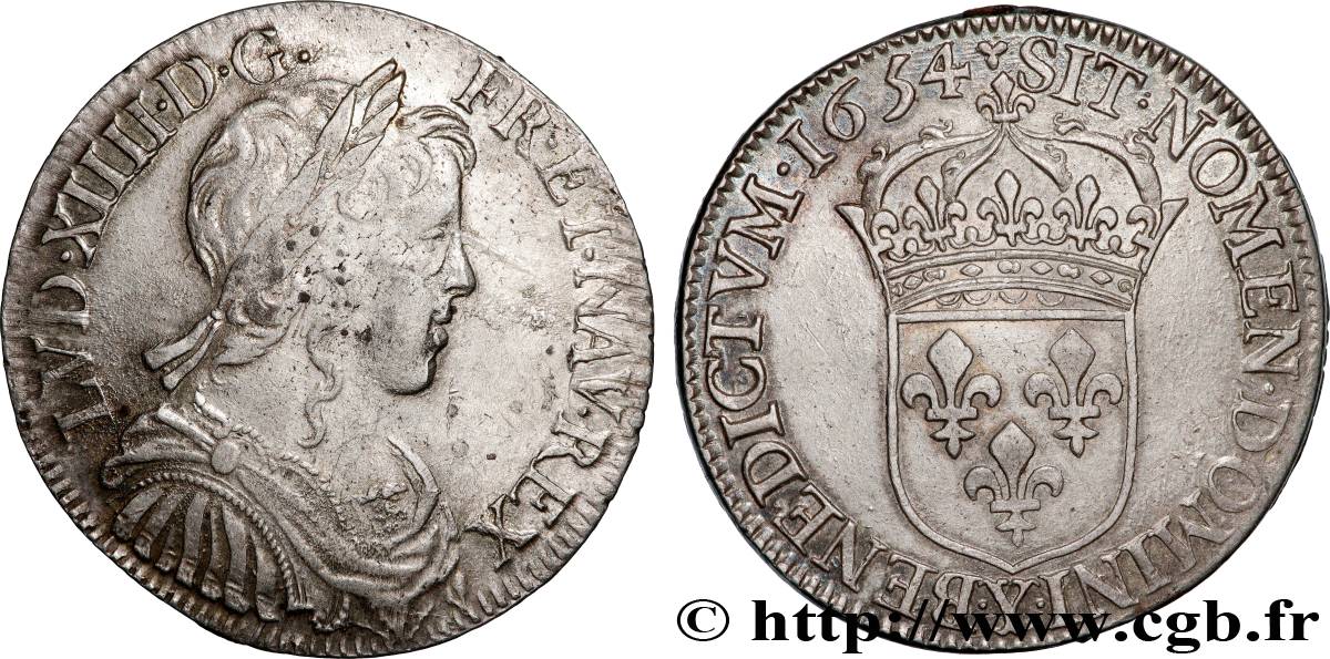 LOUIS XIV  THE SUN KING  Demi-écu, portrait à la mèche longue 1654 Bourges XF/AU
