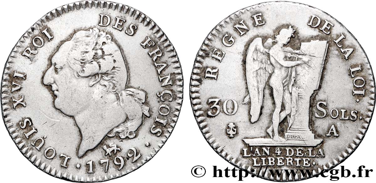 LOUIS XVI (MONARQUE CONSTITUTIONNEL)  30 sols dit  au génie , type FRANÇOIS 1792 Paris TB+