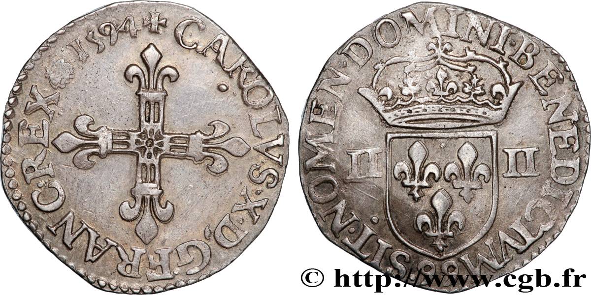 CHARLES X, CARDINAL DE BOURBON Quart d écu, croix de face 1594 Dinan TTB+/SUP