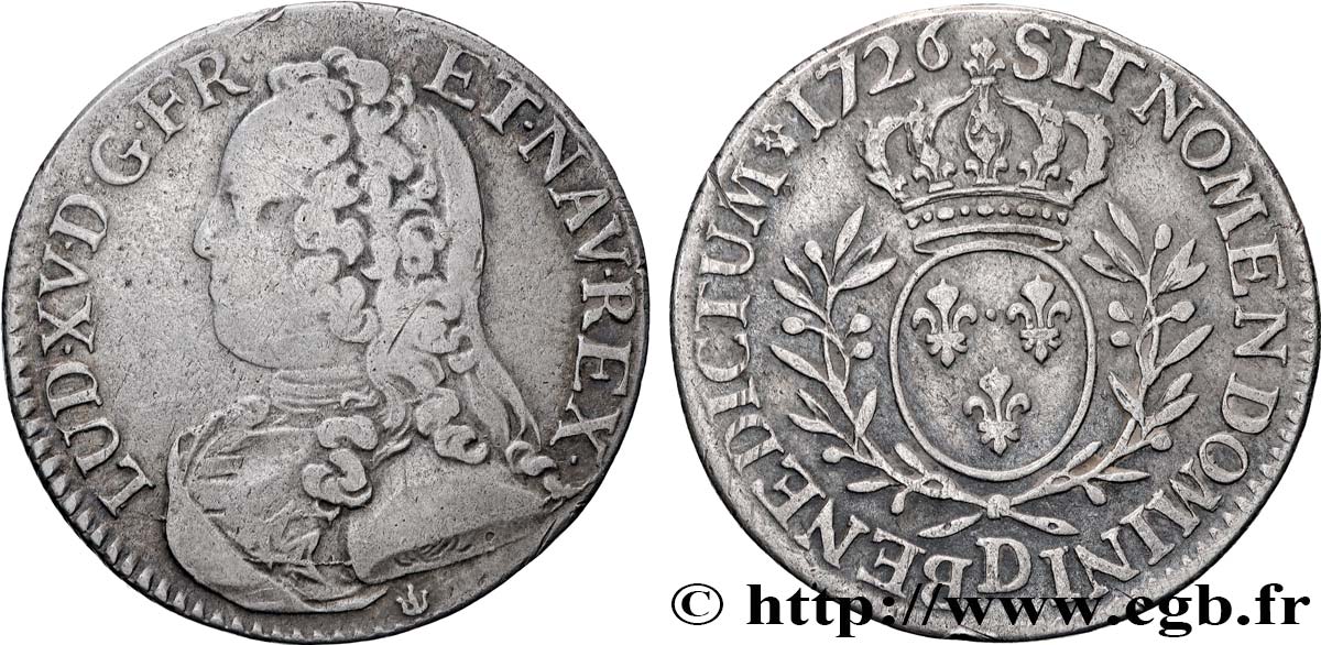 LOUIS XV DIT LE BIEN AIMÉ Cinquième d écu aux branches d olivier, buste habillé 1726 Lyon TB/TTB