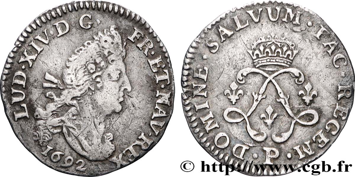 LOUIS XIV LE GRAND OU LE ROI SOLEIL Quatre sols aux deux L 1692 Dijon TTB