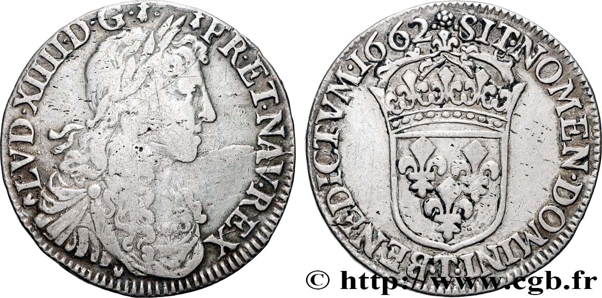 LOUIS XIV LE GRAND OU LE ROI SOLEIL Demi-écu, portrait apollinien 1662 Nantes TB+/TTB