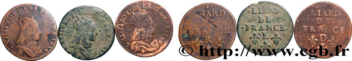 LOUIS XIV LE GRAND OU LE ROI SOLEIL Liard de cuivre “à la tête couronnée”, lot de 3 ex. n.d. Ateliers divers TB