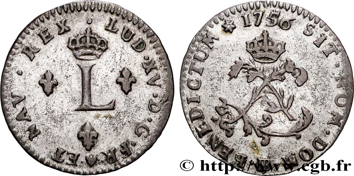 LOUIS XV  THE WELL-BELOVED  Double sol de billon 1756 Strasbourg XF