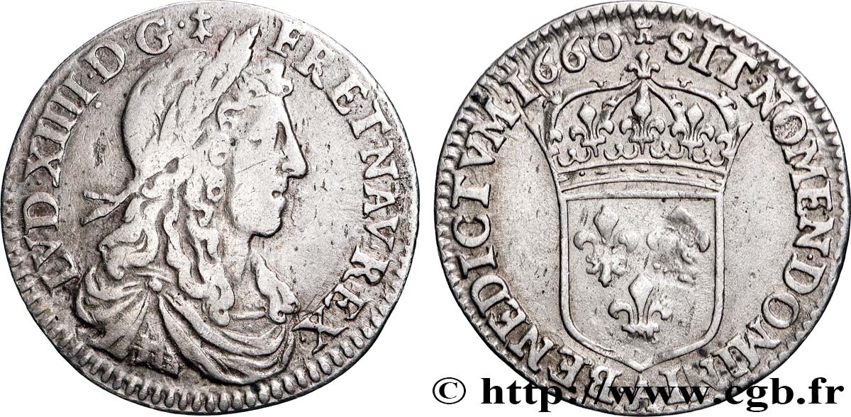 LOUIS XIV  THE SUN KING  Douzième d écu, portrait apollinien 1660 Paris XF