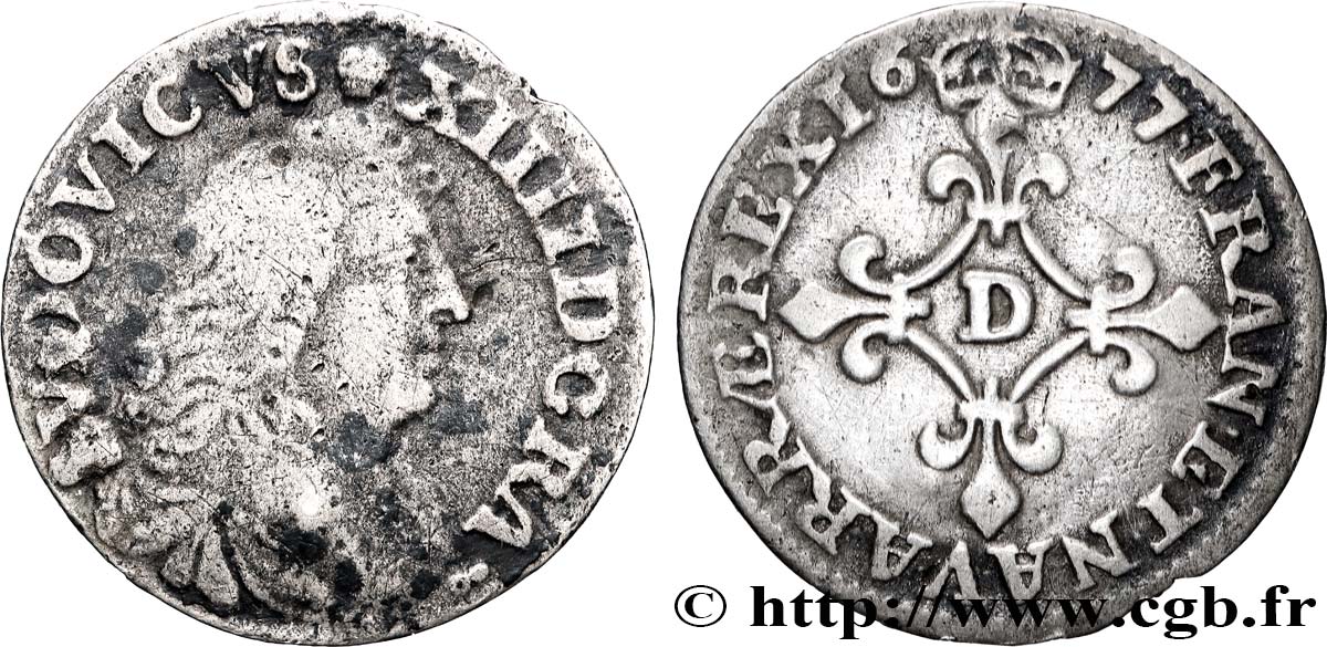 LOUIS XIV  THE SUN KING  Quatre sols à la croix formée de lis 1677 Vimy-en-Lyonnais (actuellement Neuville-sur-Saône) VF/XF