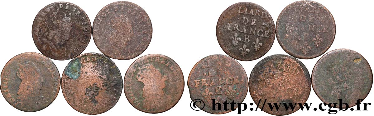LOUIS XIV  THE SUN KING  Liard de cuivre “à la tête couronnée”, lot de 5 ex. n.d. Ateliers divers lot