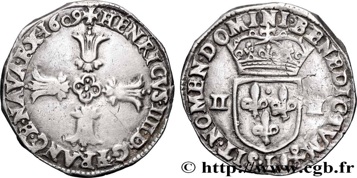 HENRI IV LE GRAND Quart d écu, croix feuillue de face 1609 Bayonne TTB+