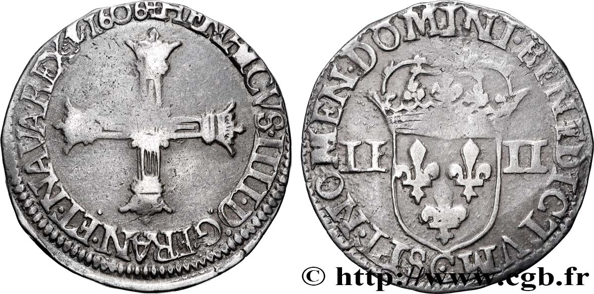 HENRI IV LE GRAND Quart d écu, croix batonnée et couronnée de face 1606 Saint-Lô TB+/TTB