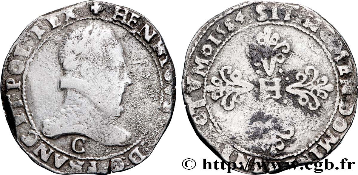 HENRI III Franc au col plat 1584 Saint-Lô TB+