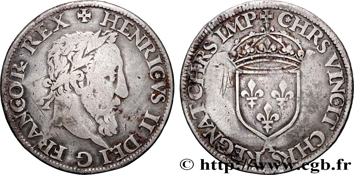 HENRI II Teston à la tête laurée, fabriqué au moulin n.d. Paris, Moulin des Étuves TB+