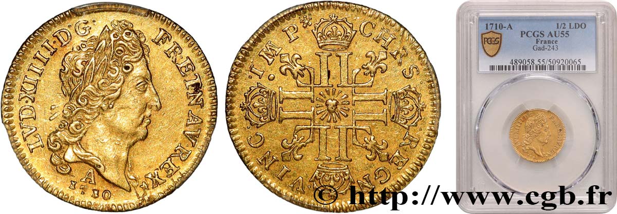 LOUIS XIV  THE SUN KING  Demi-louis d or au soleil 1710 Paris AU55