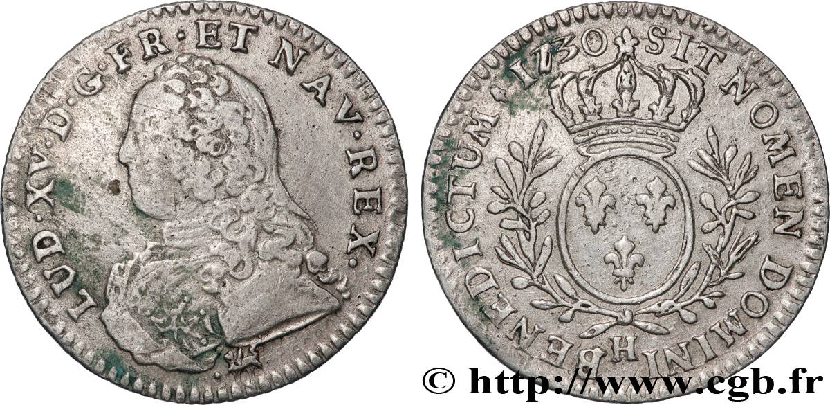 LOUIS XV THE BELOVED Dixième d’écu aux branches d’olivier, buste habillé 1730 La Rochelle VF/VF