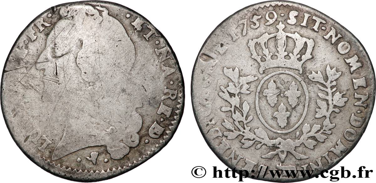 LOUIS XV DIT LE BIEN AIMÉ Cinquième d’écu aux branches d’olivier, tête ceinte d’un bandeau 1759 Pau B/B+