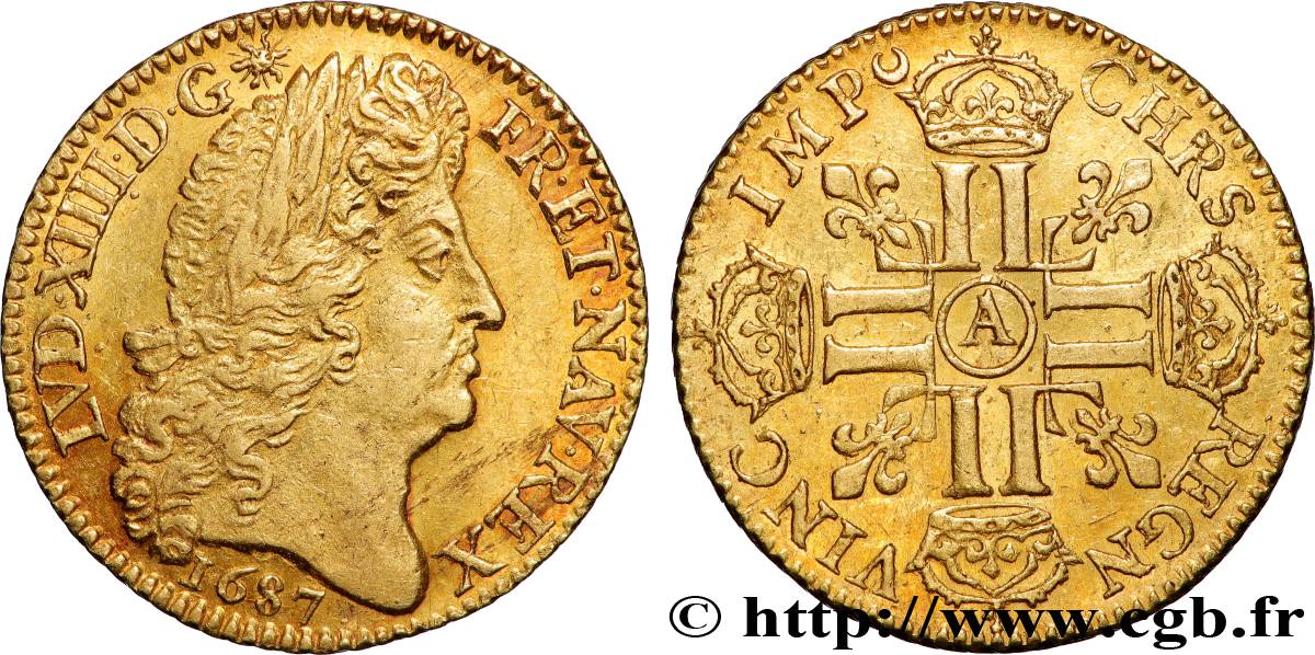 LOUIS XIV  THE SUN KING  Louis d’or aux huit L, portrait à la tête âgée et laurée 1687 Paris AU/AU