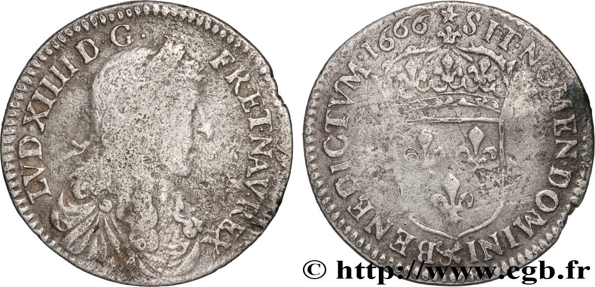 LOUIS XIV  THE SUN KING  Douzième d écu, portrait apollinien 1666 Aix-en-Provence VF
