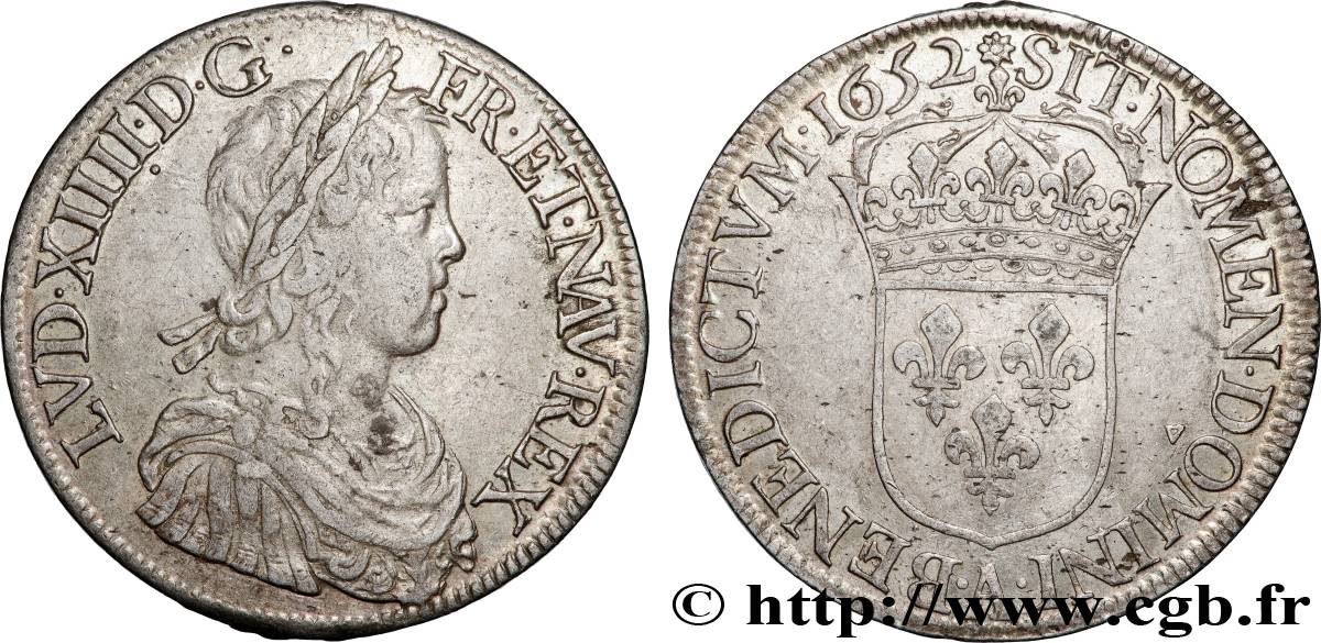 LOUIS XIV  THE SUN KING  Écu, portrait à la mèche longue 1652 Paris XF