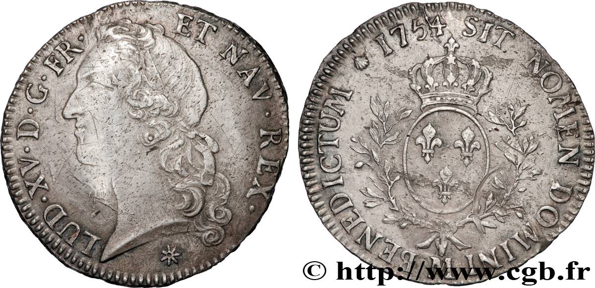 LOUIS XV THE BELOVED Écu aux branches d’olivier, tête ceinte d’un bandeau 1754 Toulouse VF/XF