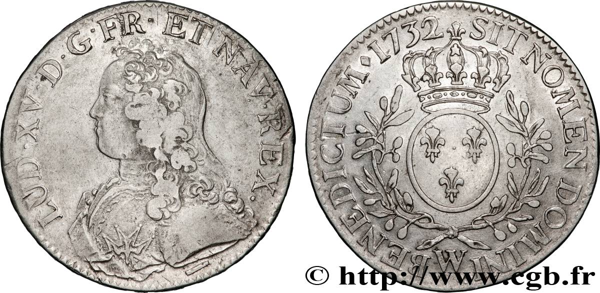 LOUIS XV THE BELOVED Écu aux branches d olivier, buste habillé 1732 Lille XF/AU