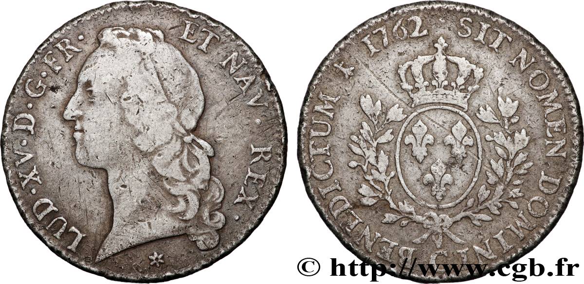 LOUIS XV  THE WELL-BELOVED  Écu aux branches d’olivier, tête ceinte d’un bandeau 1762 Caen VF/VF