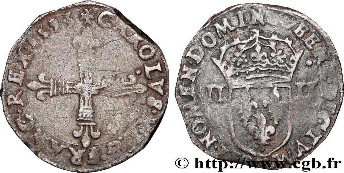 CHARLES X, CARDINAL DE BOURBON Quart d écu, croix de face 1593 Nantes TTB