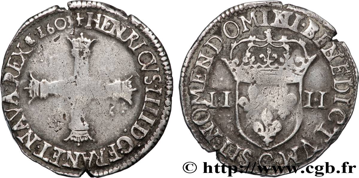 HENRI IV LE GRAND Quart d écu, croix bâtonnée et couronnée de face 1603 Saint-Lô TB+