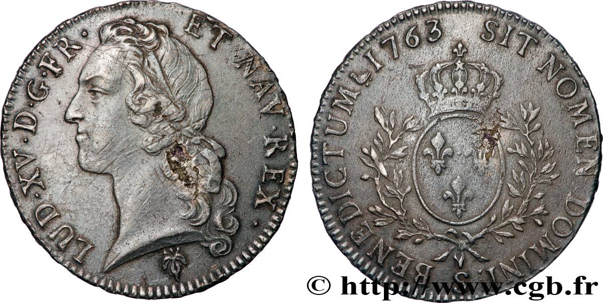 LOUIS XV  THE WELL-BELOVED  Écu aux branches d’olivier, tête ceinte d’un bandeau 1763 Reims XF