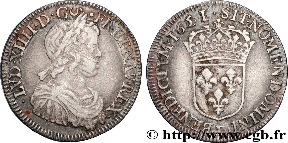 LOUIS XIV  THE SUN KING  Demi-écu, portrait à la mèche courte 1651 Lyon VF/XF