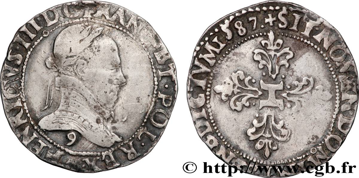 HENRI III Demi-franc au col plat 1587 Rennes TB+/TTB