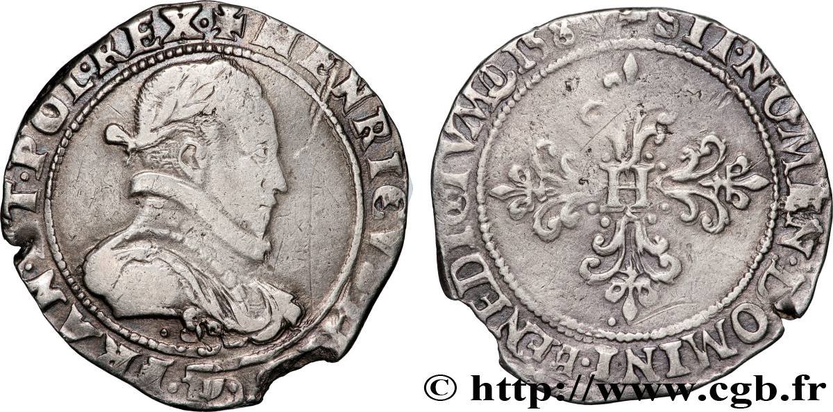 HENRI III Demi-franc au col plat 1587 Troyes TB+/TTB