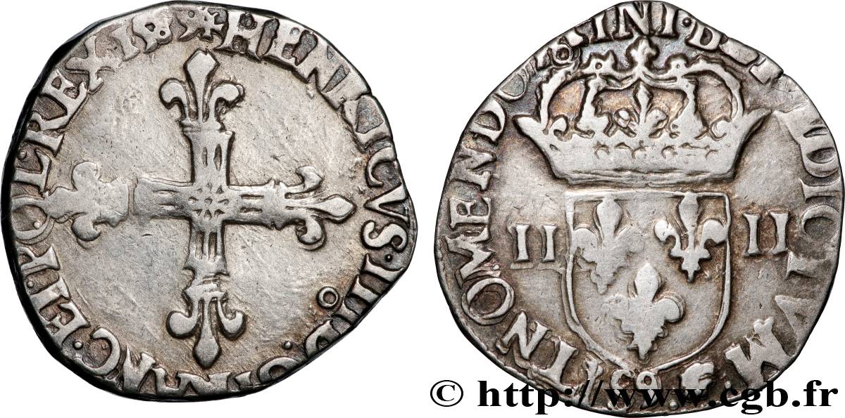 HENRI III Quart d écu, croix de face 1589 Rennes TB+/TTB